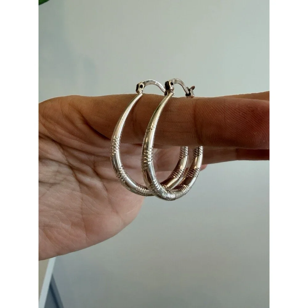 VTG LARGE OVAL HOOP DIAMOND CUT EARRINGS STERLING SILVER 925